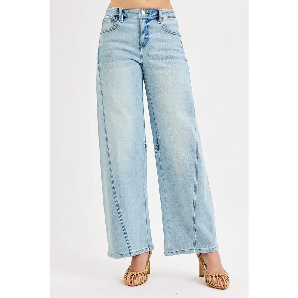 RISEN Mid Rise Waist Zipper Fly Stretch Light Blue Wash Barrel Leg Denim Jeans - Picture 5 of 7